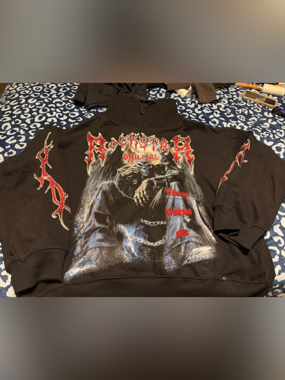 Black Graphic Zip-Up Hoodie with Red Gothic Accents